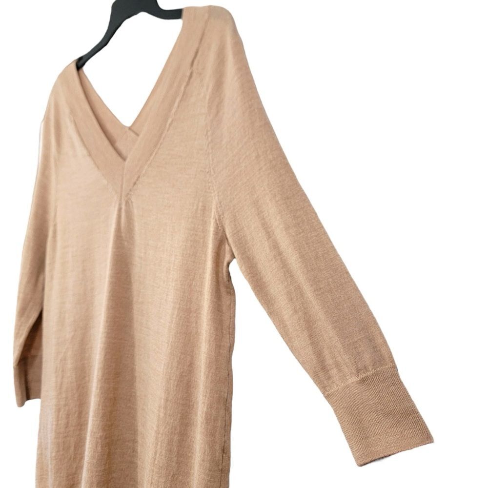 Anthropologie Moth Double V Neck 100% Extra Fine Merino Wool Warm Tan Sweater XS - Picture 3 of 10